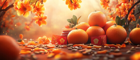 Wall Mural - An abstract background with bright orange flowers and tangerines against a backdrop of autumn branches is useful for designing postcards, holiday banners, and backgrounds for New Year's promotions.