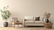 © GoenarsoBimo - Beige living room scene with sofa, armchair, plant, and wooden table on a light wood floor