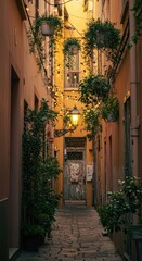  Sunlight-drenched Italian alleyway.  Plants & lanterns