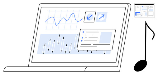 Laptop screen displays graphs, charts, and analytics tools alongside a musical note for creative process insights. Ideal for music analysis, data visualization, creativity, technology, productivity