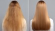 © Tina - A comparison of two hairstyles showing a woman with frizzy hair on the left and smooth, straight hair on the right. Both views are from the back.