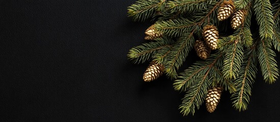 Fir tree branches with pine cones on black background