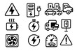 © Viacheslav - Fast Charging Icons. Outline icon set of fast charging hubs: high voltage sign, multi-port charger, EV queue,
