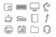 © Viacheslav - Desktop Icon Set. Outline icon set of desktop work accessories: mouse pad, keyboard, monitor, desk lamp,