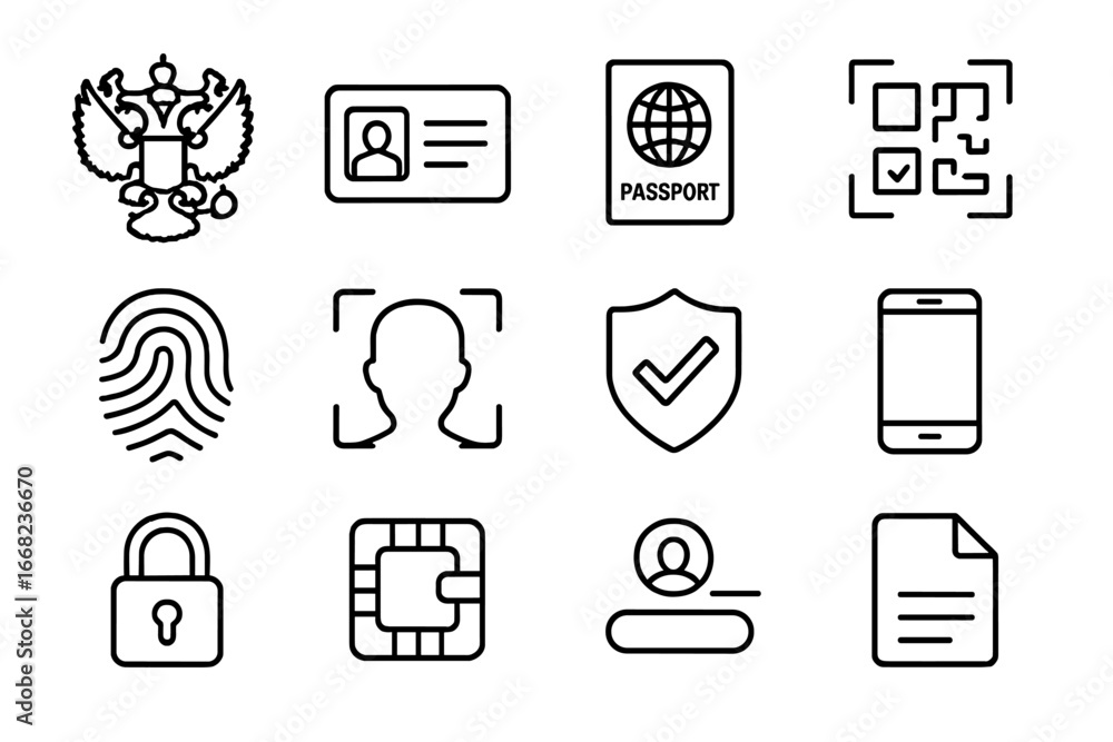 Digital ID Icon Set. Outline icon set of government digital ID ...