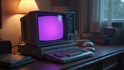 Vintage computer setup with CRT monitor, keyboard displays bright purple screen. Retro technology workspace with mouse, desk accessories evokes nostalgia for early computing eras. Classic hardware