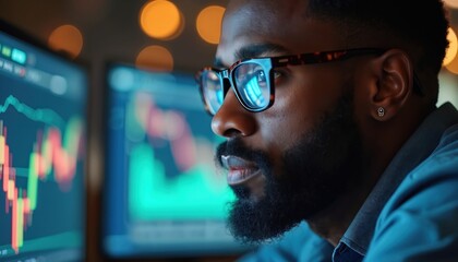 Black man in glasses intently studies financial data on computer screens in dark office. Concentrates on complex market charts, strategy planning, information analysis. Modern technology use for