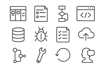 Software Development Icons. Outline icon set of software development life cycle: planning board, requirement
