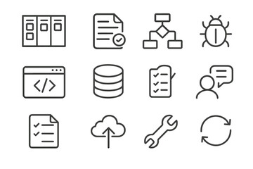 Software Development Icons. Outline icon set of software development life cycle: planning board, requirement