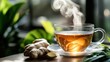 © Soba - Steaming ginger tea in glass cup with fresh ginger on sunny day. Caffeine Addiction Recovery Month