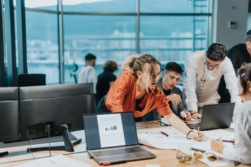 A diverse group of business colleagues engaged in a collaborative brainstorming session, showcasing teamwork and innovative thinking in a modern office environment.