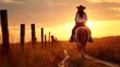 © Dulemegapixel - A serene image of a cowgirl riding a horse along a dirt path at sunset, capturing the essence of freedom and the beauty of rural landscapes in warm golden tones.