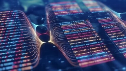 Abstract data visualization with rows of colored binary code and interconnected network strands on a dark background