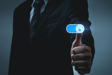 Wall Mural - Cybersecurity. businessman touch on digital lock button on data protection application program, anti virus, data protect, cybersecurity, backup storage management, internet network technology concept