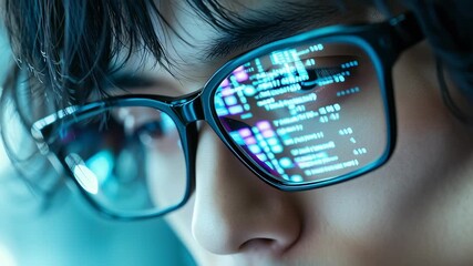 Close up of code reflecting in a programmer's glasses as he works