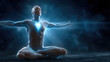 © visoot - Glowing human figure meditation digital art blue light heart energy serene futuristic yoga enlightenment wellness