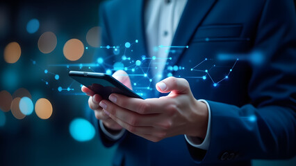 Business Professional Holding Smartphone with Glowing Digital Network Visualization hand pushing a button on a touch screen