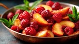 A colorful assortment of raspberries and peaches garnished with mint leaves is beautifully arranged on a plate, highlighting the vitality and succulent flavors of fresh produce.