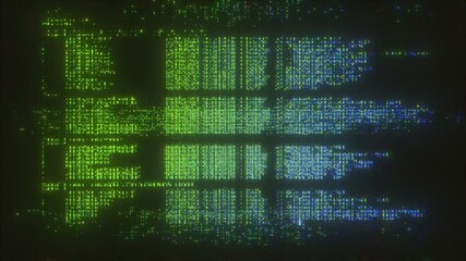 4K Green and blue digital code glitch with CRT compression artifacts and pixel breakdown for cyberpunk motion graphics, matrix-style UI overlays, dystopian tech loops