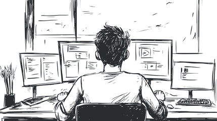 Illustration of person working at a desk with multiple computer monitors displaying various content.