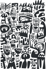 Wall Mural - abstract black and white pattern with various geometric shapes and artistic brush strokes