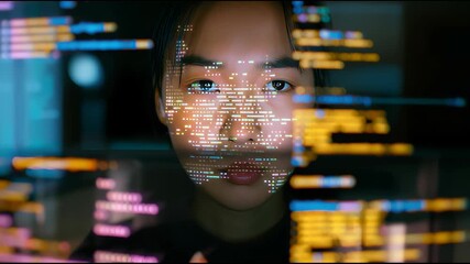Digital Identity and Technology: A close-up portrait of a person, their face overlaid with a dynamic flow of computer code, symbolizing the intersection of human identity and the digital realm.