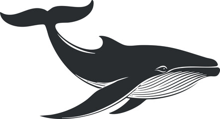 Wall Mural - Black and white illustration of a whale swimming underwater with detailed lines