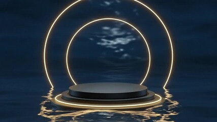 Wall Mural - A threetier black platform with a glowing ring backdrop on water