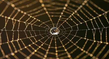 Stunning spider web glistening with morning dew drops reflecting light, close up macro shot