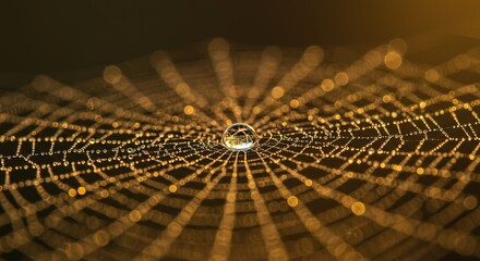 Stunning macro shot of a spiderweb with water droplets and golden bokeh background