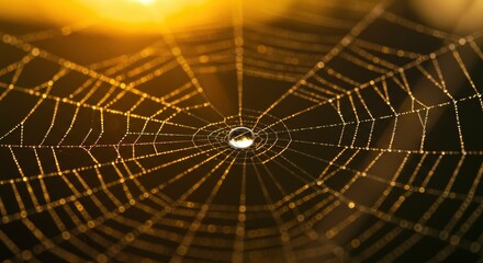 Stunning golden spider web with glistening water droplet reflecting the morning sunlight