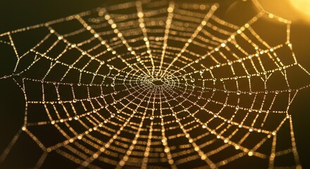 Stunning spider web glistening with morning dew drops under golden sunlight, beautiful nature