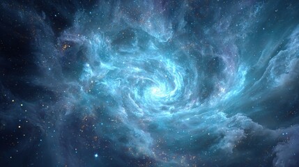 Vibrant cosmic swirl of blue and white nebula with brilliant light at the center, surrounded by countless stars in deep space