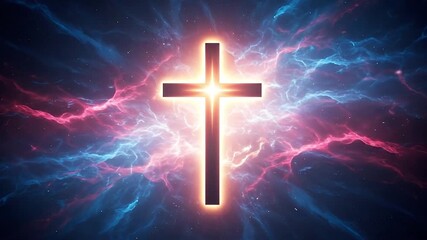 Wall Mural - Luminous cross amidst pink and blue nebulae glowing at its center