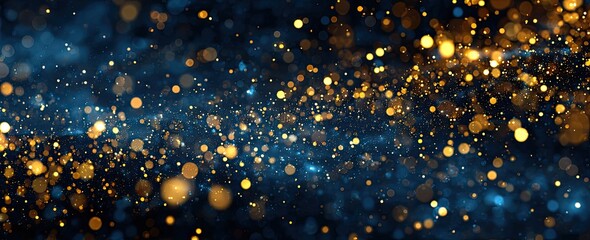 Abstract bokeh of gold and blue lights, swirling in a dark background, creating a sense of movement and energy