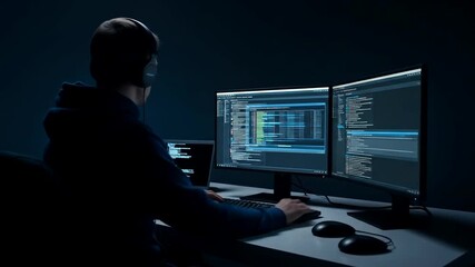 A programmer working late at night, focused on dual monitors displaying code in a dark room