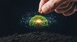 © Svitlana Vorotniak - Man hand planting a tiny mustard seed in soil, with a glowing tree and connected lines. Growth from small to large concept.