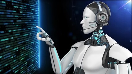 Futuristic robot interacts with digital code