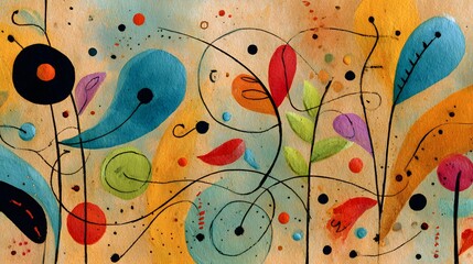 Wall Mural - Colorful Abstract Artwork Featuring Whimsical Shapes and Dynamic Lines on a Textured Background