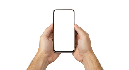 Hands holding mobile phone screen mockup, using smartphone touchscreen, cellphone, isolated on white background