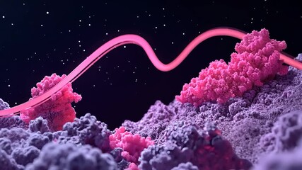 Abstract landscape of pink and purple textured formations with a glowing pink line