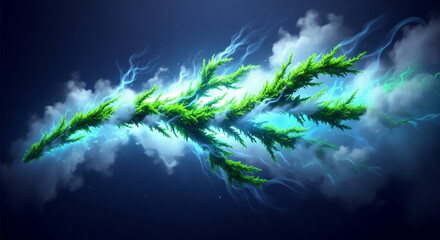 A vibrant green branch with glowing edges and lightning strikes, set against a dark blue background with wisps of white smoke and clouds