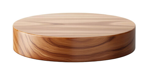 Low wooden display pedestal stand with a polished surface and natural wood texture- perfect for displaying products or decorative items. Isolated on transparent background- png.