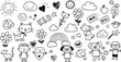© Radwa - Cute kid scribble doodle icons set. Sun flower heart cat dog rainbow cloud smile elements sign and symbols in children drawing style. Hand drawn childish funny simple vector illustrations.
