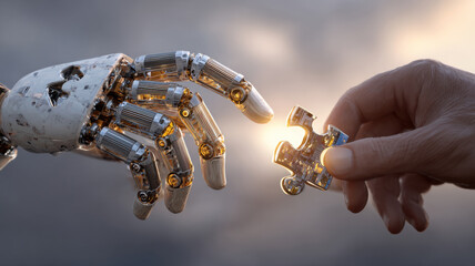 A human and a robot hands are about to assemble a puzzle piece