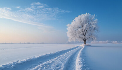 Wall Mural - Snowy field with a lone tree