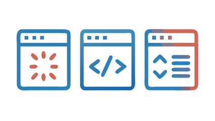 Website development process, featuring coding, loading, and scrolling interfaces for web applications and digital design projects