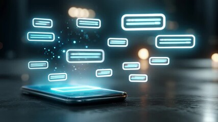 Smartphone displaying floating digital messages in futuristic style  