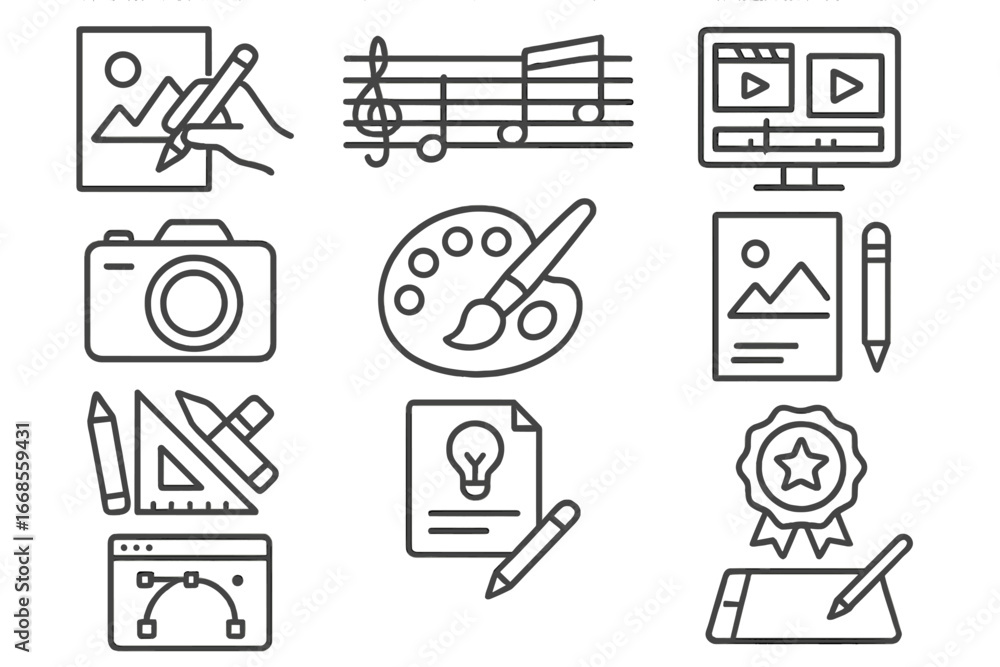 Creative Learning Icons. Line style icons of creative learning: drawing ...