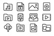 © Galina - Media File Icons. Line style icons of media file storage: music folder icon, movie file icon, image gallery icon, audio archive